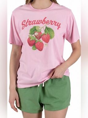 Pink 'Strawberry' Graphic Tee & Short Set with Red & Green Print 💚🍓🩷